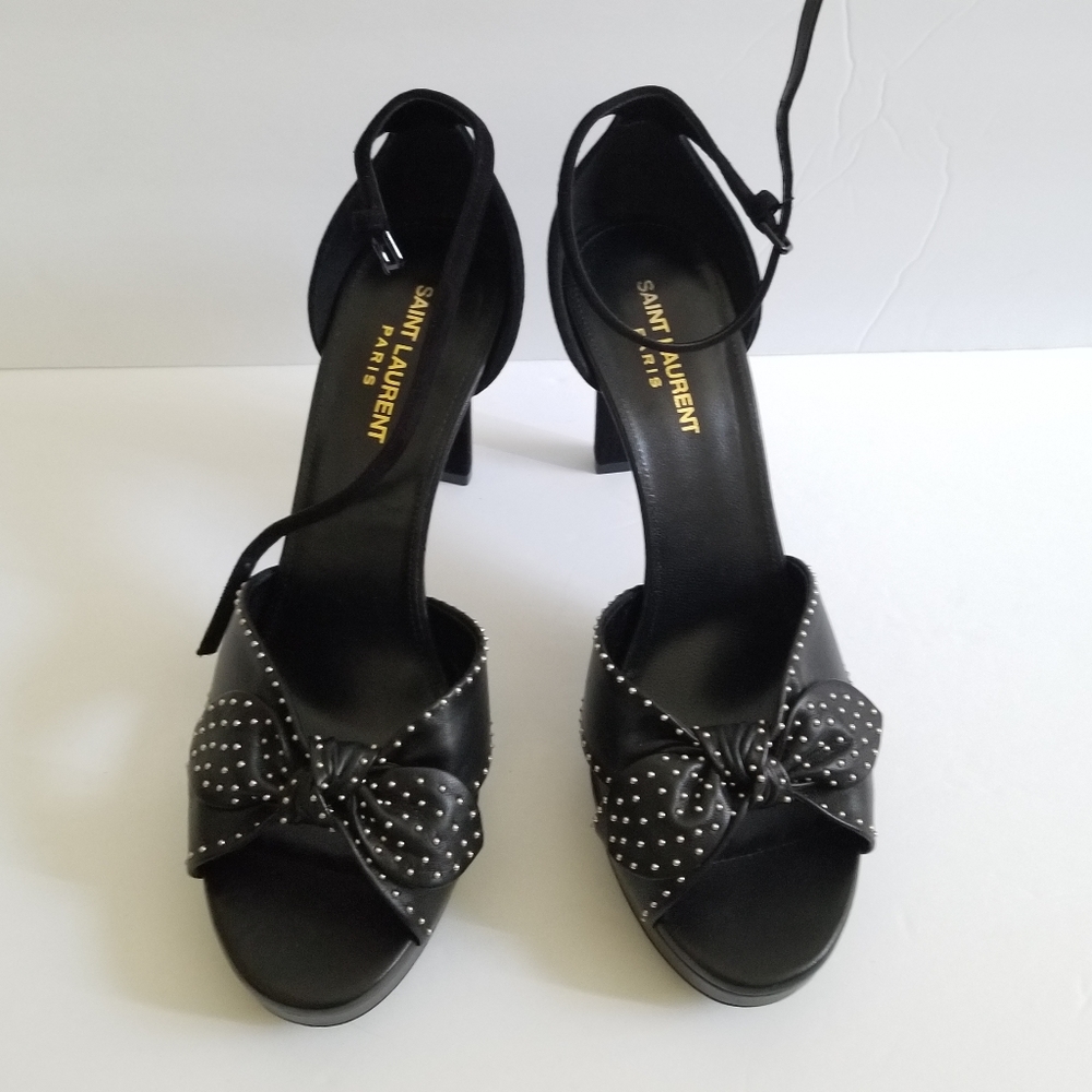 Saint Laurent Leather Metal Studded Platform Sandals Size 39.5 Black - Picture 6 of 15